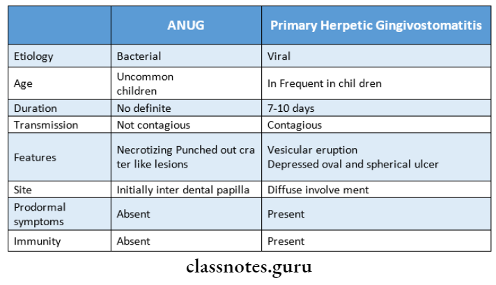 Acute Gingival Infections Differentiate between anug and primary herpetic gingivost omatitis