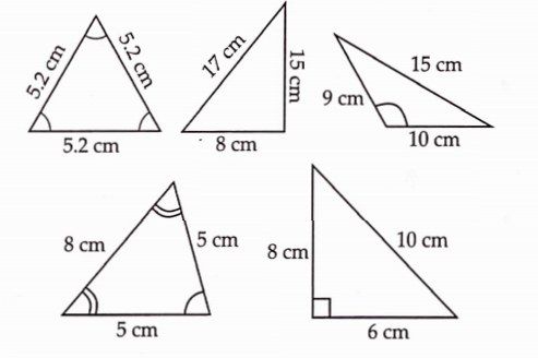 Draw five triangles and measure their sides